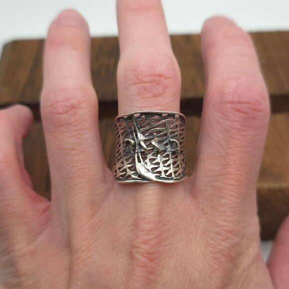 Size 9.5 925 Sterling Silver Rustic Odd Dark Style Wide Ring - Picture 1 of 7